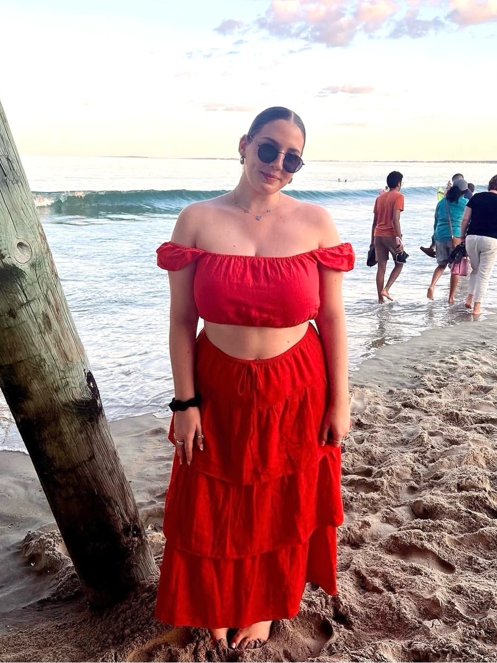 Aritzia WILFRED Century Maraschino Red Linen Tiered Midi Skirt AND MATCHING TOP